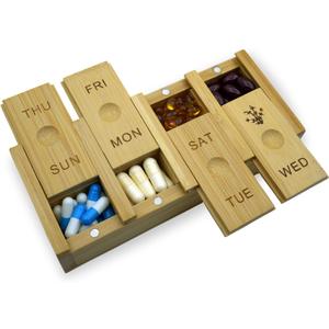 7-Day Bamboo Weekly Pill Organizer for Medicine Supplement, Arthritis Friendly Wood Pill Case Box for Vitamin, Daily Portable Travel Pill Holder Dispenser Container Keeper (Bamboo Set of 1)