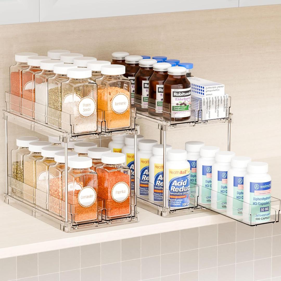 Yieach 2 Tier Sliding Spice Racks for Cabinets,2 Pack 10.4'' Deep Narrow Vertical Spice Rack Pull Out for Inside Cabinets,Kitchen,Pantry,Cupboard Seasoning,Jar Organizer and Medicine Cabinet Storage (Clear-4 Drawer)