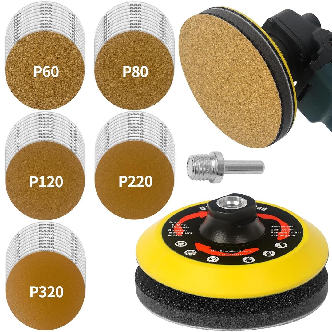 Premium Gold Angle Grinder Sanding Disc, 53PCS 5 Inch Drill Sanding Attachment, Hook and Loop Backing Pad with Sander Pads Sandpaper for Woodworking or Automotive (60/80/120/220/320 Grit)