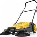 VEVOR Walk-Behind Hand Push Floor Sweeper, Manual Floor Sweeper Non-Electric with 25.6" Sweeping Width, 5 Gallons Waste Container & Adjustable Folding Handle for Yards Walkways Patios Garages - Yellow