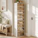 ROOM127 Foldable Shoe Cabinet, Tall 8-Tier Shoe Rack with Boot Shelf | ROOM127 Foldable Shoe Cabinet, 8-Tier Shoe Rack with Tall Boot Shelf Holds Up to 18 Pairs, White Frame with Light Amber Doors