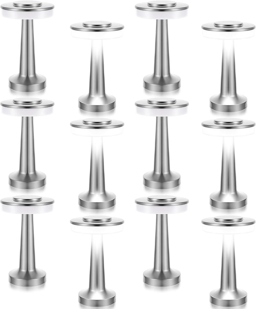 VIHOSE 12 Pcs Silver Cordless Table Lamps LED Portable Table Lamp with Touch Sensor 3 Color Dimming up to 15 Hours Rechargeable Battery Desk Light for Restaurant Nursery Living Room (Silver)