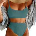 Lilosy High Waisted Tummy Control Ribbed Bikini Crop Top Brazilian Swimsuit Set 2 Piece (Small, Turquoise)