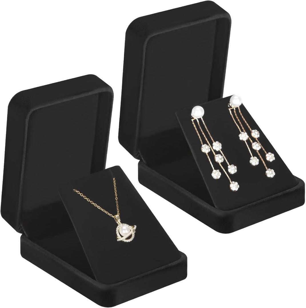 LETURE 2 Pieces Velvet Jewelry Gift Boxes for Necklace Pendant Earring Bracelet, Small Jewelry Storage Display Case for Christmas Wedding Engagement Birthday Anniversary (Black)
