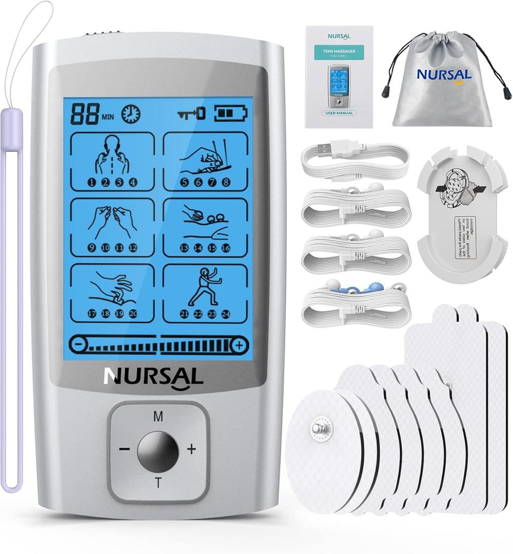 NURSAL 24 Modes TENS Unit Muscle Stimulator with Continuous Stimulation, Rechargeable Electronic Pulse Massager with 8 Pads for Back and Shoulder Pain Relief and Muscle Strength (Silver)