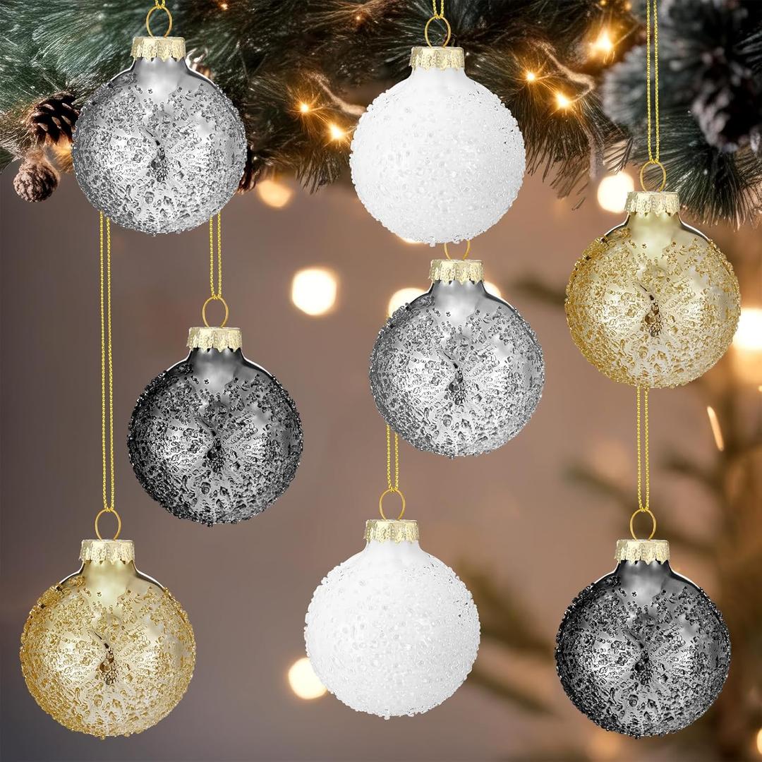 Soaoo 12 Pcs 2.4 Inch Neutral Glass Christmas Ball Ornament Metallic Textured Christmas Tree Decoration Beaded Glass Ball Ornaments Xmas Hanging Decor for Home Fireplace Mantel Wall Party Decor