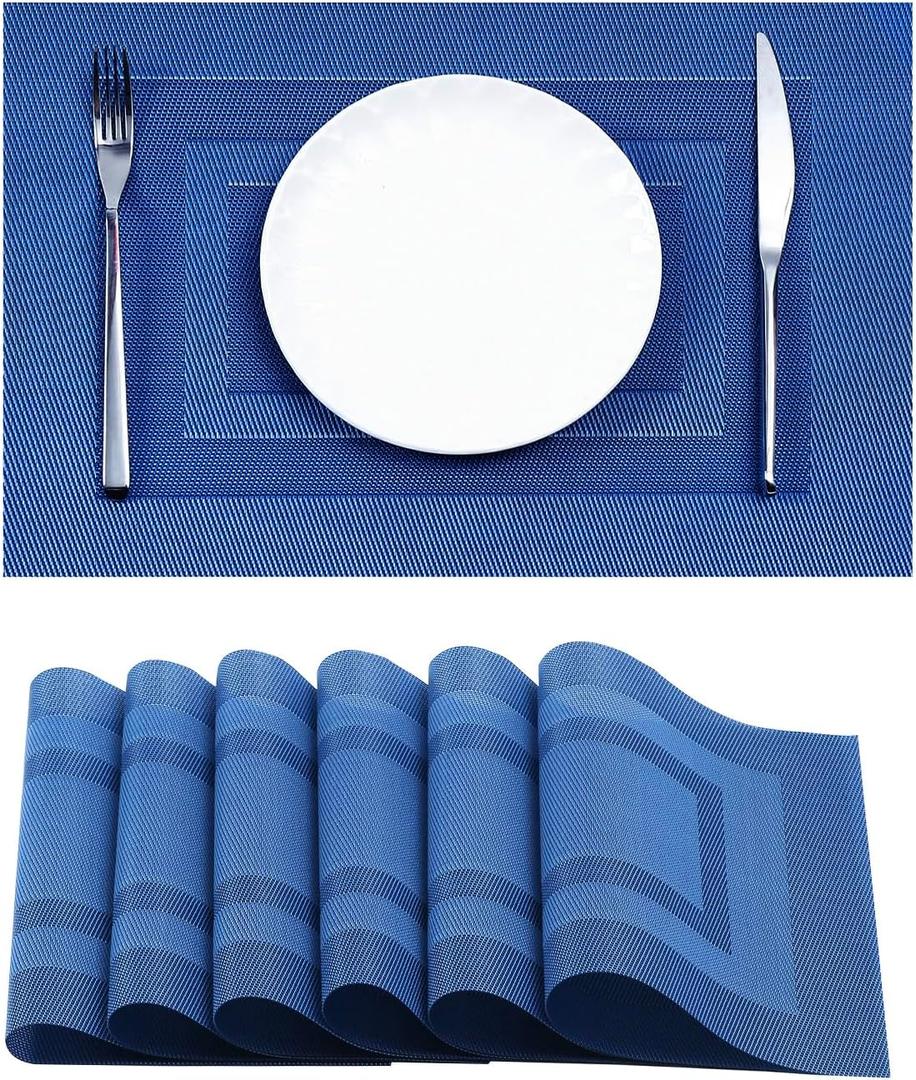 Leetaltree Blue Frame Placemats Set of 6 - Heat Resistant Non-Slip Place mats for Dining Table, Washable Durable PVC Vinyl Woven Table MatsBlue Frame, 6 Leetaltree Blue Frame Placemats Set of 6 - Heat Resistant Non-Slip Place mats for Dining Table, Washable Durable PVC Vinyl Woven Table MatsBlue Frame, 6