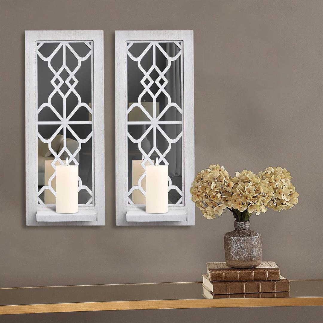 Pibeyer 2 Set Rustic Candle Holders Wall Dcor Farmhouse Candle Sconces Wood Decorative Wall Art(Distressed White)