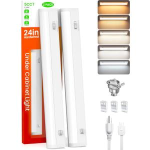 ALUSSO LIGHTING 24 Inch LED Under Cabinet Lighting Hardwired Plug in UL Listed, 5CCT Color Selectable 2700K/3000K/3500K/4000K/5000K Dimmable, Linkable 1350LM Under Counter Lights for Kitchen, 2 Pack