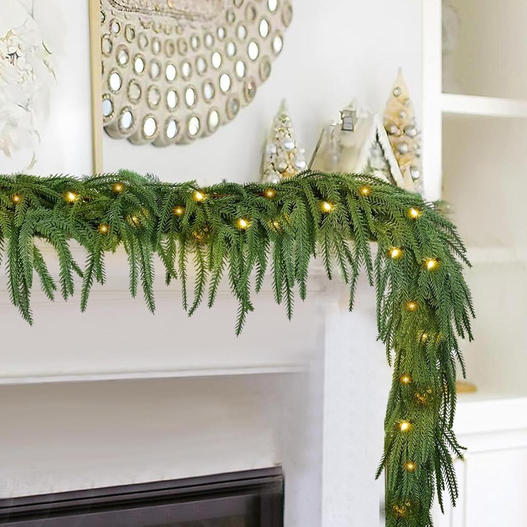 2PCS 6FT Norfolk Pine Garland with 60 Lights, 80 Pine Branches, Realistic Christmas Garland Holiday Greenery for Table Mantle Wall Christmas Decorations