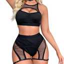 Women Rave Outfits Cutout Fishnet Top Booty Shorts Bottom Choker 3Pcs Babydoll Nightwear Festival Lingerie (Black, M)