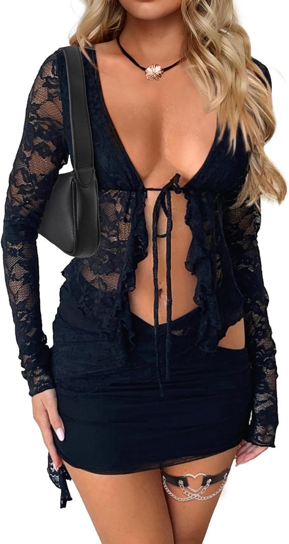 CSDAJIO 2 Piece Outfits for Women Floral Lace Open Front Tie Up Long Sleeve Crop Top Blouse Shirt and Mini Skirt Set (X-Large, Black)