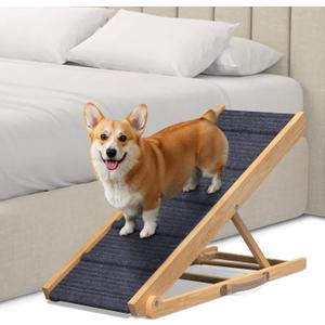 Adjustable Dog Ramp for Bed - Foldable Wooden Ramp for Dogs to Get on Bed, Couch, or Car with 13.4" Wide Walking Space (Natural Wood with Gray Carpet, Medium)