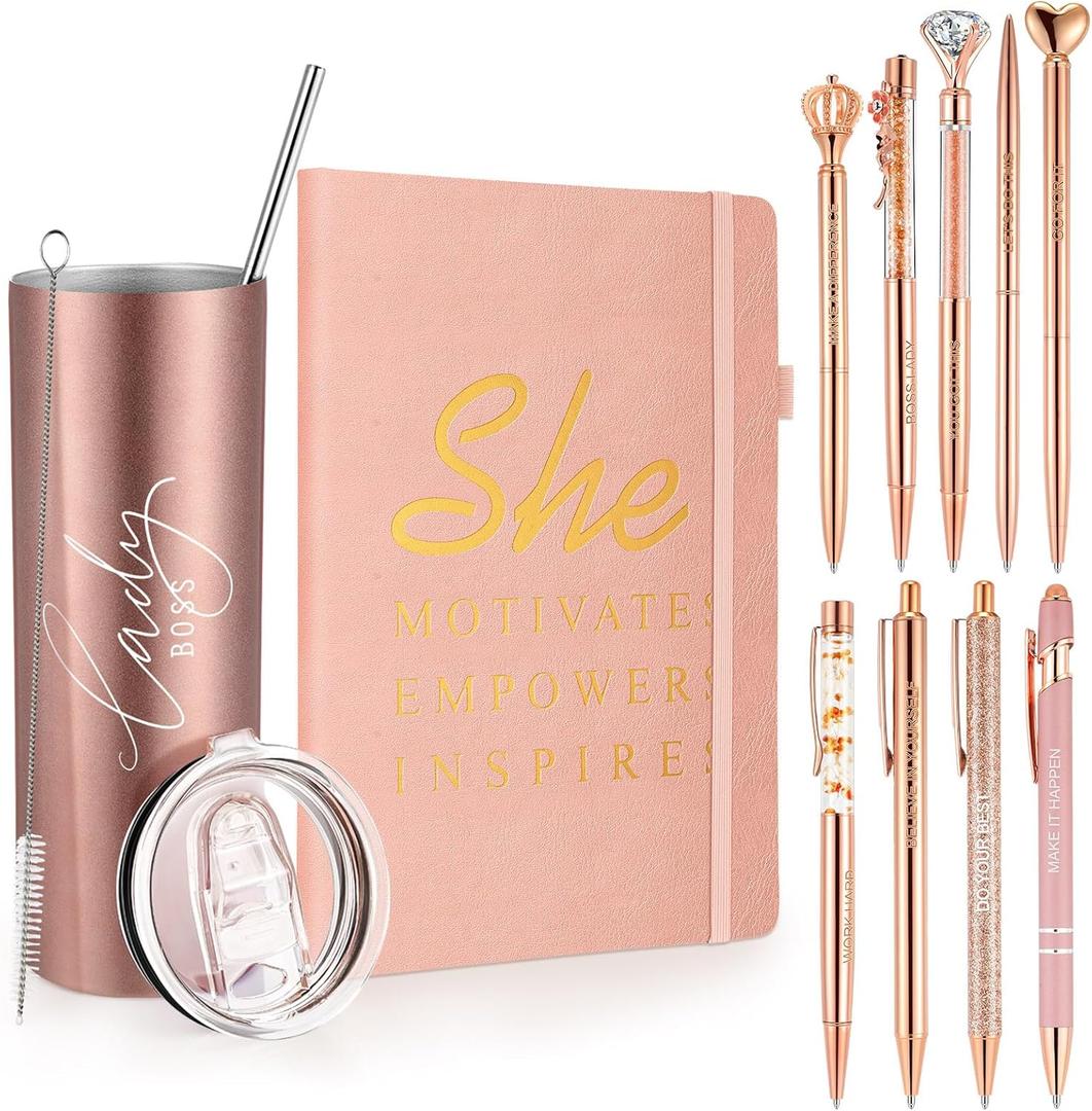 11 Pcs Appreciation Gift Sets Thank You Gifts for Women Female Include 20 oz Tumblers Motivational Journal with 9 Ballpoint Pens(Rose Red,Classic)