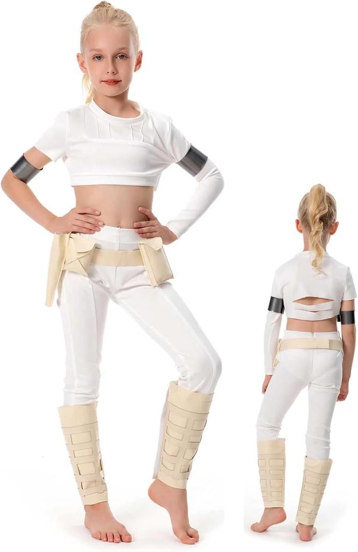 Kids Queen Costume Princess Cosplay White Battle Suit Grils Halloween Outfit Set (Large)