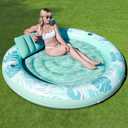 SLOOSH Inflatable Tanning Pool Lounger Float, 72" x 65" Pool Floats Adult with Pillow, Luxury Fabric Large Suntan Tub Raft Floatie, Sunbathing Bed Lounge for Water Blow Up Kids Ball Pit Party Gifts, Cyan