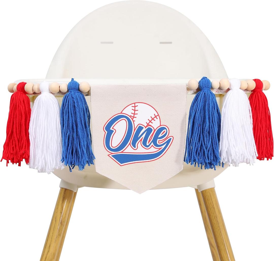 Baseball One High Chair Banner - Blue,White,Red 1st Birthday Decorations,Rookie of The Year High Chair Banner,Baseball First Birthday Photo Props