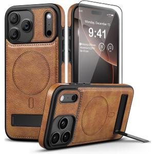Magnetic for iPhone 17 Pro Max Leather Case with Stand, [Compatible with Magsafe] Protective Slim Kickstand Phone Cover for iPhone 17 Pro Max，Brown