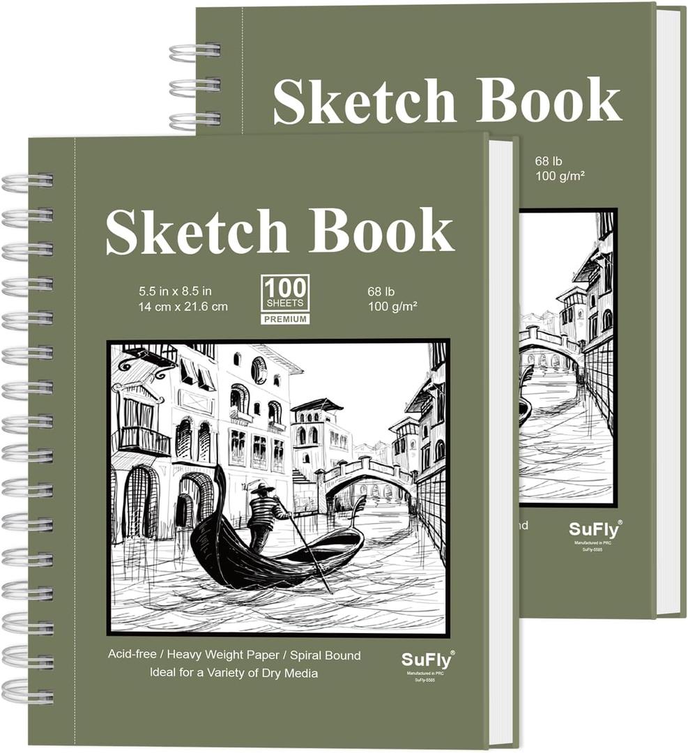 SuFly Small Sketch Book 5.5"x8.5", 2-Pack Mini Sketchbook, Spiral Bound Sketchbook Hardcover with 200 Sheets of 68lb/100gsm Mini Drawing Pad Paper, Small Sketch Pads for Drawing for Adults & Kids. (Green)