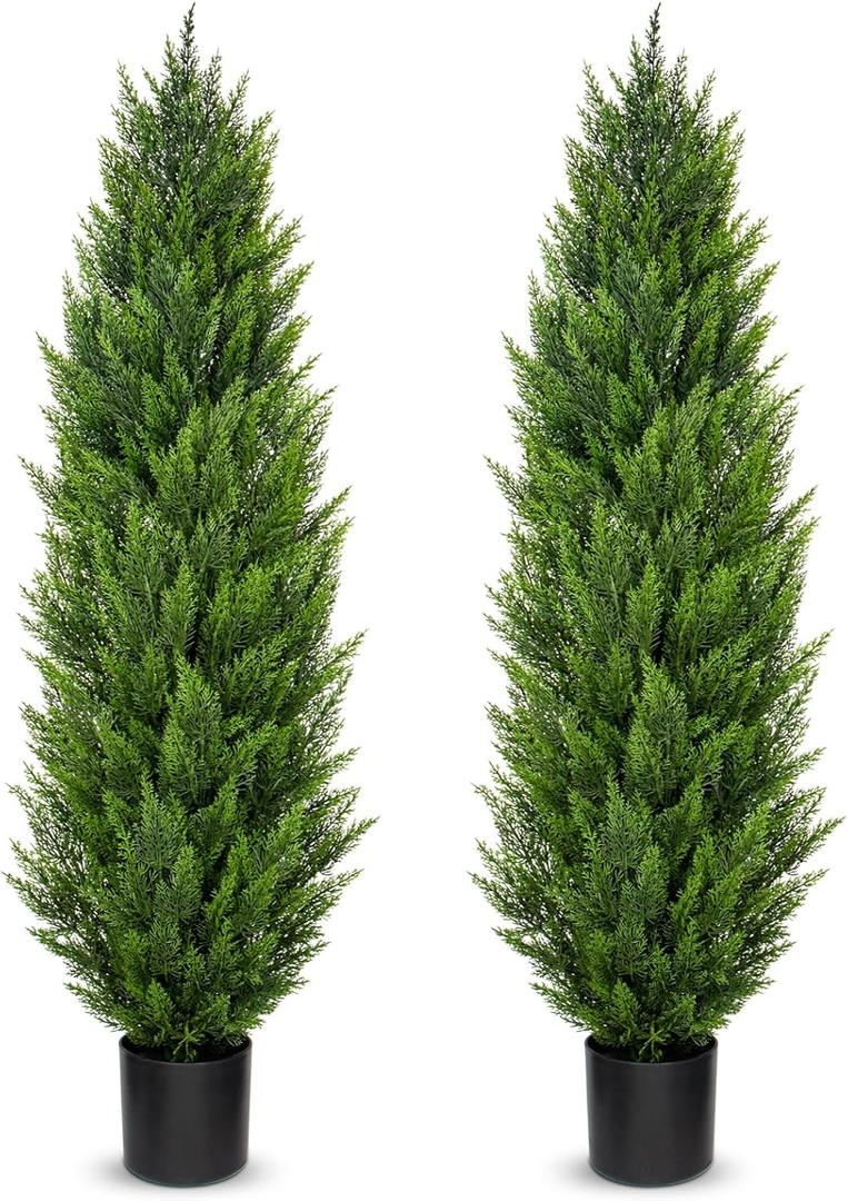 Briful 5ft. Cedar Topiary Trees Artificial Outdoor Set of 2 Realistic Faux Cedar Pines, UV Resistant Fake Shrubs Cypress Trees, Potted Floor Plants for Home Decor Indoor Farmhouse Patio Door