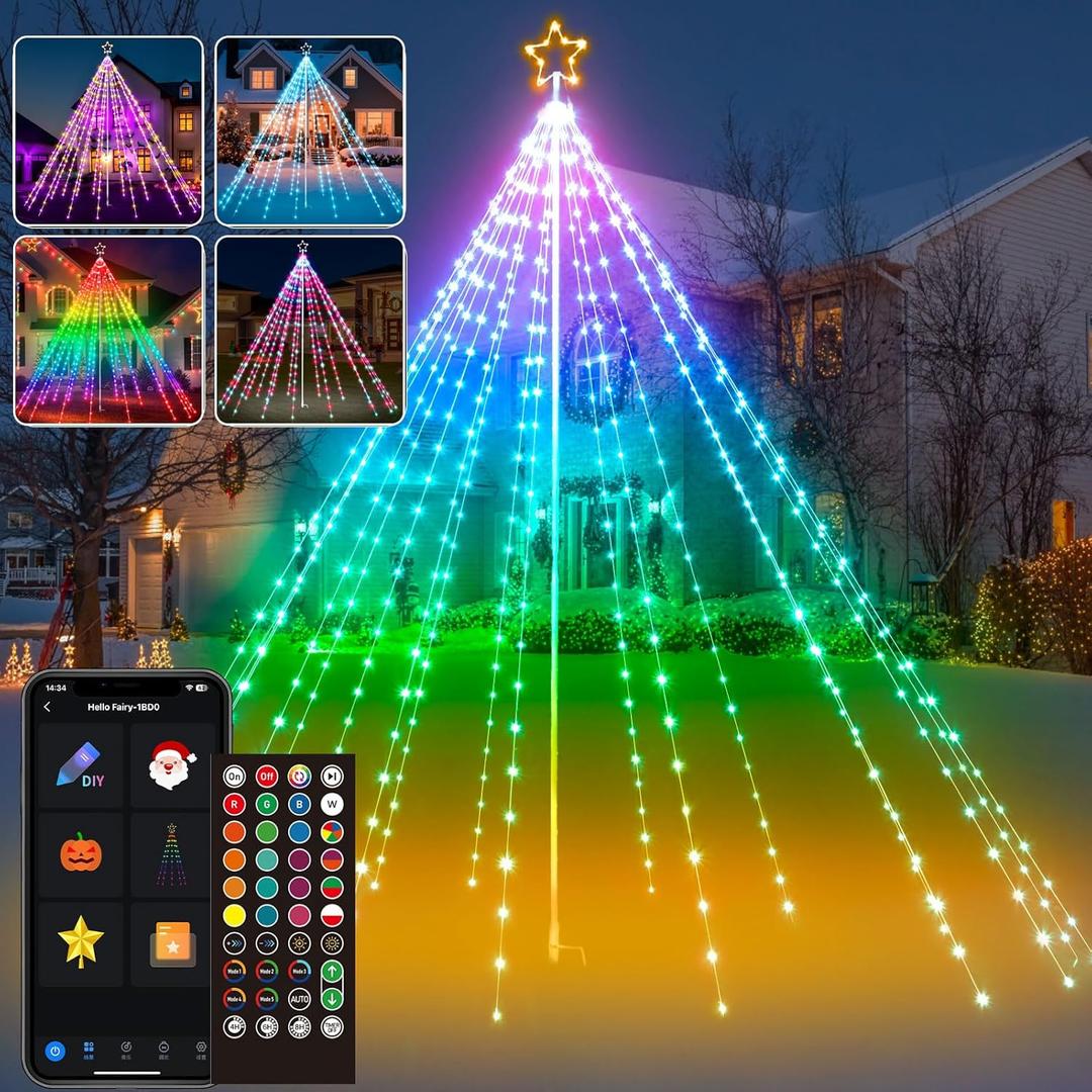 13Ft 622LEDs Outdoor Christmas Lights Yard Decor, Smart Color Changing RGB Flag Pole Christmas Tree Light, App/Remote Control, Timer, Dimmer, Group Control, Waterproof, Large Outside Xmas Decor