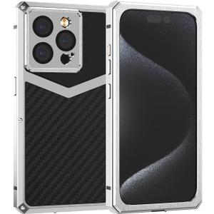 Luxury Carbon Fiber with Aluminium Case for iPhone 14 Pro 6.1", Military Shockproof Protective Armor Phone Cover with Tempered Glass Screen Protector Full Body Heavy Duty Drop Protection for Men