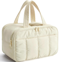 BAGSMART Travel Toiletry Bag, Puffy Large Toiletry Bag for Women, Lightweight Cosmetic Makeup Bag Organizer with Handle for Traveling, Accessories, Essentials, Toiletries （Beige