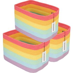 XUANGUO 3-Pack Rainbow Storage Baskets 15X10X9.3 Woven Toy Organizer Bins for Kids, Baby Room, Nursery, and Classroom Cute Square Rope Baskets for Shelves and Organization Rainbow