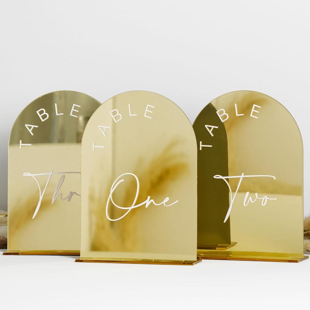 Gold Mirror Arch Wedding Table Numbers 1-20 with Stands, 5x7 Inch Acrylic Arch Sign with Holder, Gold Arch Acrylic Table Numbers for Wedding Reception(1-20, 5"x7")