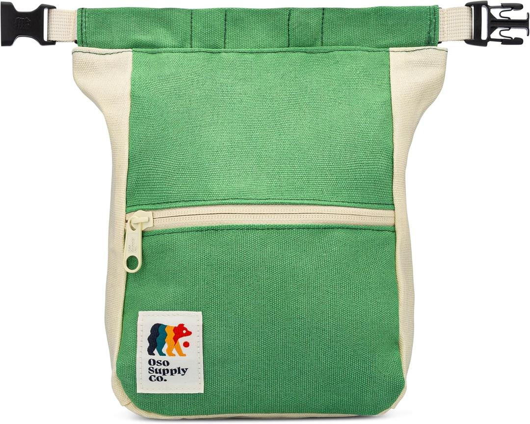 Oso Supply Co - Kulshan Bouldering Bucket, Large Size Chalk Bag for Rock Climbing, Chalk Pot with Magnetic Roll Down Closure, Brush Loop, Zippered Pockets for Climbers (Trailhead Green & Fog)