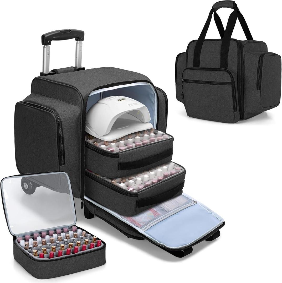 BAFASO Rolling Nail Polish Organizer Holds 144 Bottles, Nail Polish Case with a Detachable Dolly and 3 Removable Cases (Patented Design), Black