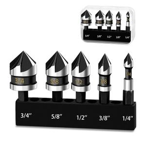 C&T 5 Piece M35 Countersink Drill Bit Set, 1/4'' 3/8'' 1/2'' 5/8'' 3/4'' with Bit Holder & Storage Case,High Speed Steel,5 Flute 82 Degree, Suitable for Drilling Copper, Metalworking, Wood, Plastic