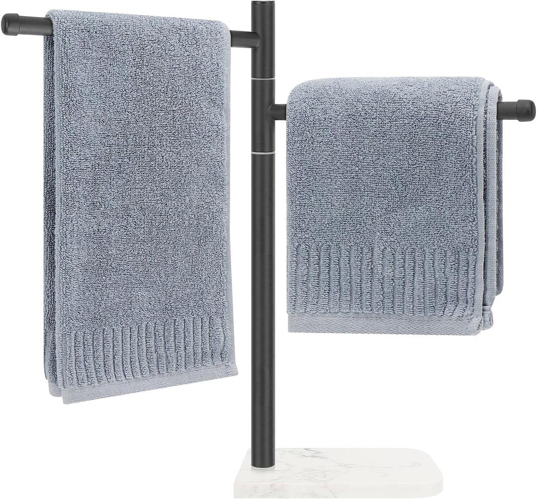 Standing Hand Towel Holder, Hand Towel Stand with Marble Base, 304 Stainless Steel Towel Rack with 2 Swivel Arm, Countertop Stand Towel Ring Towel Bar for Bathroom (Matte Black)