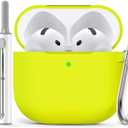Ljusmicker for AirPods 4 Case 2024 with Cleaner Kit,Soft Silicone Protective Cover for Apple AirPods 4th Generation Cases for Women Men,for AirPod 4 Case Accessories with Keychain-Neon Green (Fluorescent Green)