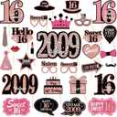 16th Birthday Decorations for Girls, Black Rose Gold Sweet 16 Photo Booth Props Sweet 16 Party Decorations Selfie Props Vintage 2009 Sixteen Centerpiece Sticks Happy 16th Birthday Party Supplies Sign