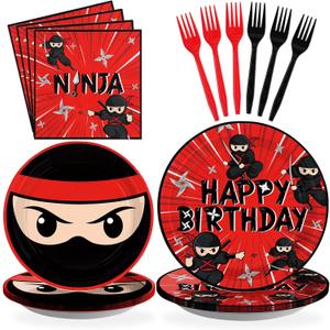 Grencian 96 Pcs Ninja Birthday Party Decorations Ninja Warrior Plates Supplies Disposable Heavy Duty Ninja Master Tableware Set for Kids Boys Karate Party Favors Serves 24 (Red & Black)