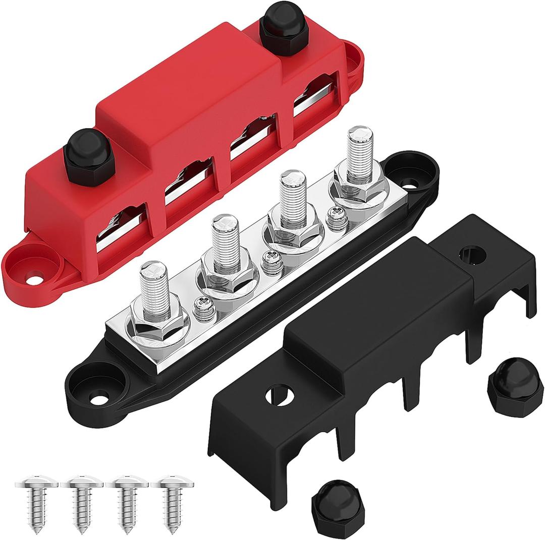 Joinfworld Bus Bar 12V 250A Power Distribution Block 4 x 3/8" Studs Marine Bus Bar 12 Volt Battery Busbar Terminal Block for Automotive, Car, Boat, Solar Wiring - Negative&Positive