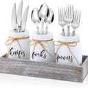 4 Pcs Silverware Utensil Holder Mason Jar with Wooden Utensil Organizer for Kitchen Countertop Forks Spoons Knives Storage White Farmhouse Kitchen Caddy Glass Cooking Decor for Party