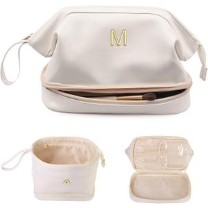 Gifts for Women-Birthday Gifts-Teen Girl Gifts Trendy Stuff Initial Makeup Bag for Women, Double Layer Cosmetic Bag with Makeup Brush Organizer, Travel Toiletry Bag,Bride Gift (White)