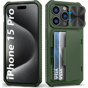 for iPhone 15 Pro Case Wallet with Card Holder (4-5 Cards) & Slide Camera Cover & Kickstand, Military Grade Drop Protection Rugged Shockproof Protective Phone Case for iPhone 15 Pro 5G, Green