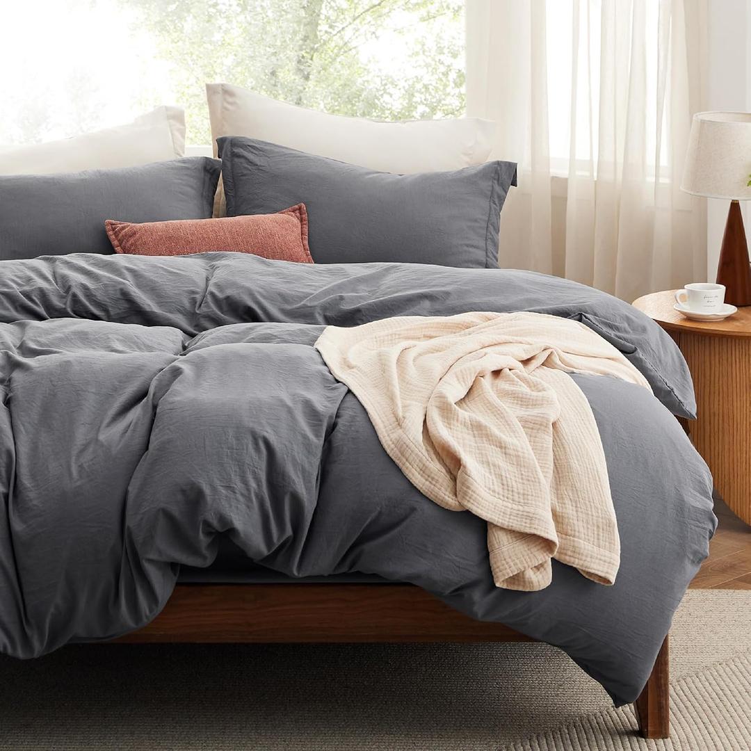 Bedsure Duvet Cover Queen Size with Fitted Sheet - 4 Pieces Prewashed Cotton-Like Extra Soft Bedding Set, Includes 1 Duvet Cover 90x90 Inches, 2 Pillow Shams, 1 Fitted Sheet, Dark Grey
