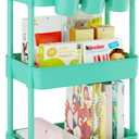 UDEAR 3-Tier Rolling Utility Cart,Multifunctional Storage Shelves with Handle and Lockable Wheels for Room,Office,Kitchen,Bathroom,with 3 Hanging Cups,Green