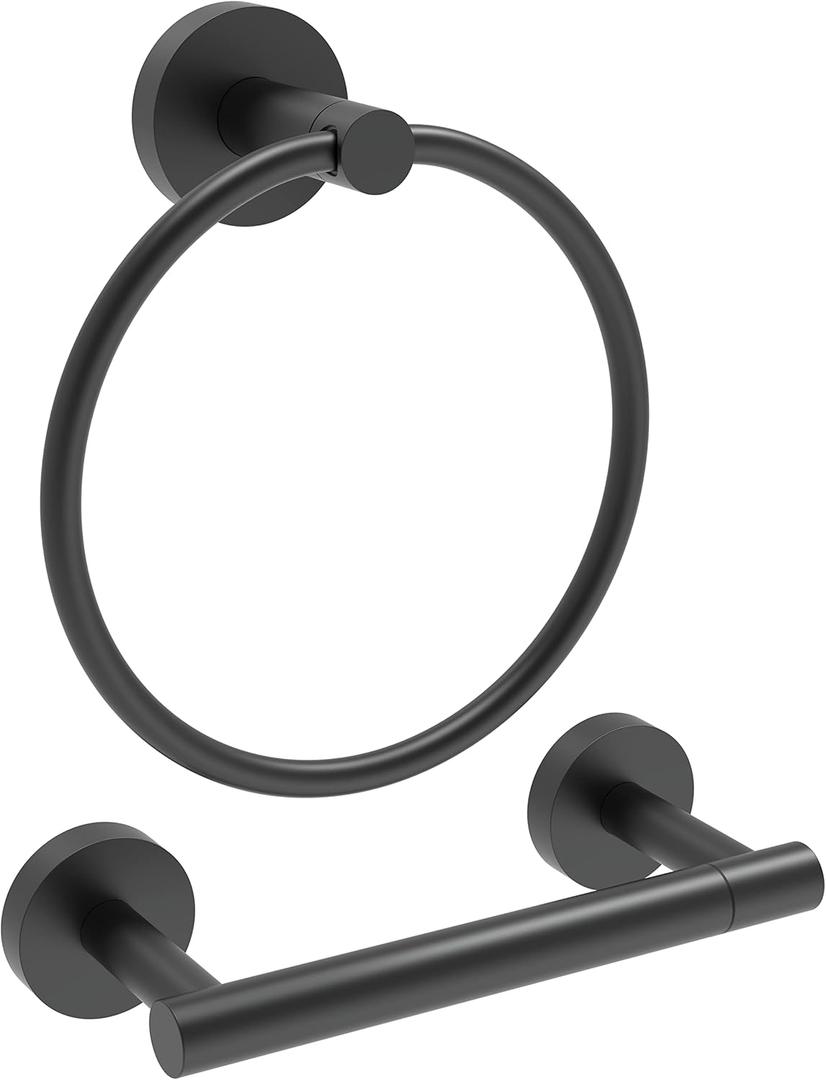 Matte Black Toilet Paper Holder & Towel Ring SUS304 Stainless Steel 2pc Bathroom Hardware Set with Double Post Pivoting Toilet Paper Roll Holder Wall Mount & Bathroom Towel Holder Set