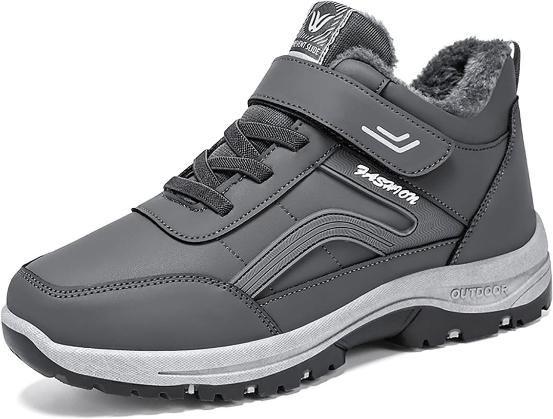 LJAIYI Men's Snow Boots Winter Shoes with Hook Loop Warm Fur Lined Waterproof Ankle Booties Comfortable Casual Outdoor Walking Hiking Boots (7, Grey)