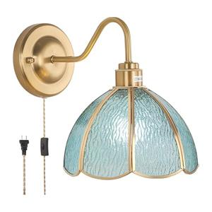 Shenmoyl Vintage Battery Operated Wall Sconce with Remote, Rechargeable LED Wall Lamp 3 Colors Dimmable, Brass Wall Lights Fixture for Bedroom Bathroom Living Room Hallway Blue Stone
