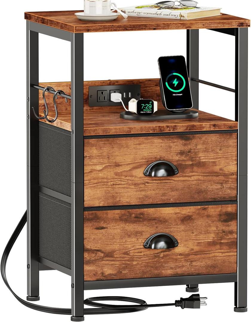 Furologee End Table with Charging Station, Nightstand with Fabric Drawers, Side Table with USB Ports & Outlets, Night Stand with Storage Shelf & Hooks, for Living Room/Bedroom, Rustic Brown (1 pc)