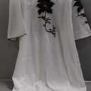 Elegant White Abaya for Women with Black Floral Embroidery and Beading Dubai Kaftan for Wedding Eid (Medium)