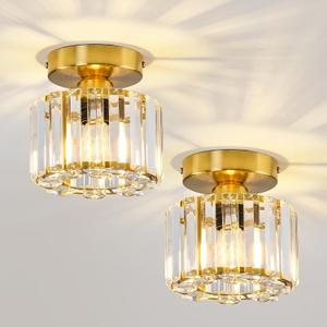 2 Pack Small Crystal Semi Flush Mount Ceiling Light Fixture Modern Gold Mini Round Chandelier Metal E26 Ceiling Lamp for Hallway Bathroom Entryway Kitchen Closet