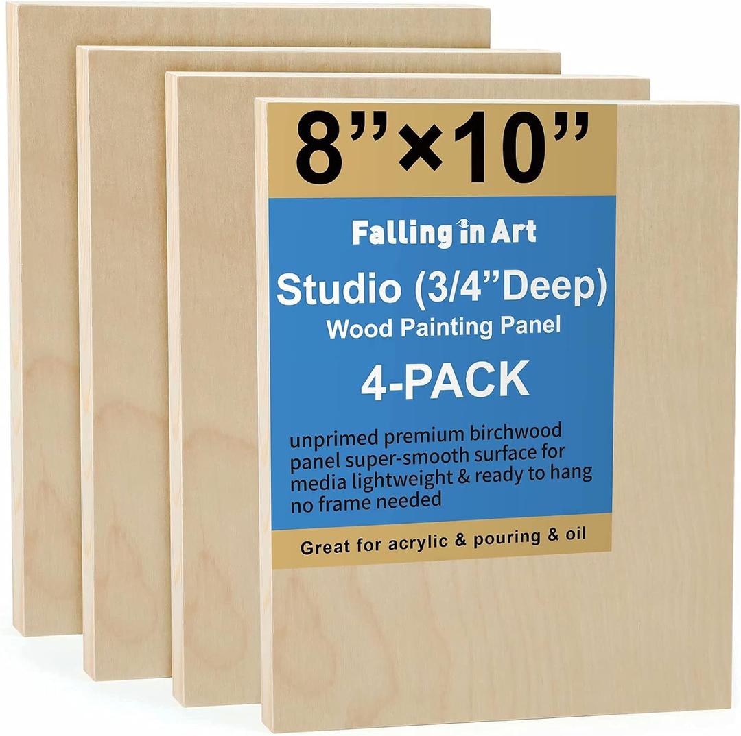 Falling in Art Unfinished Birch Wood Canvas Panels Kit, 4 Pack of 8x10 Studio 3/4 Deep Cradle Boards for Pouring Art, Crafts, Painting, and More