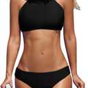 Beautyin Womens Floral Striped Halter High Neck Bikini Swimsuit Set Cross Back (Large, Black)